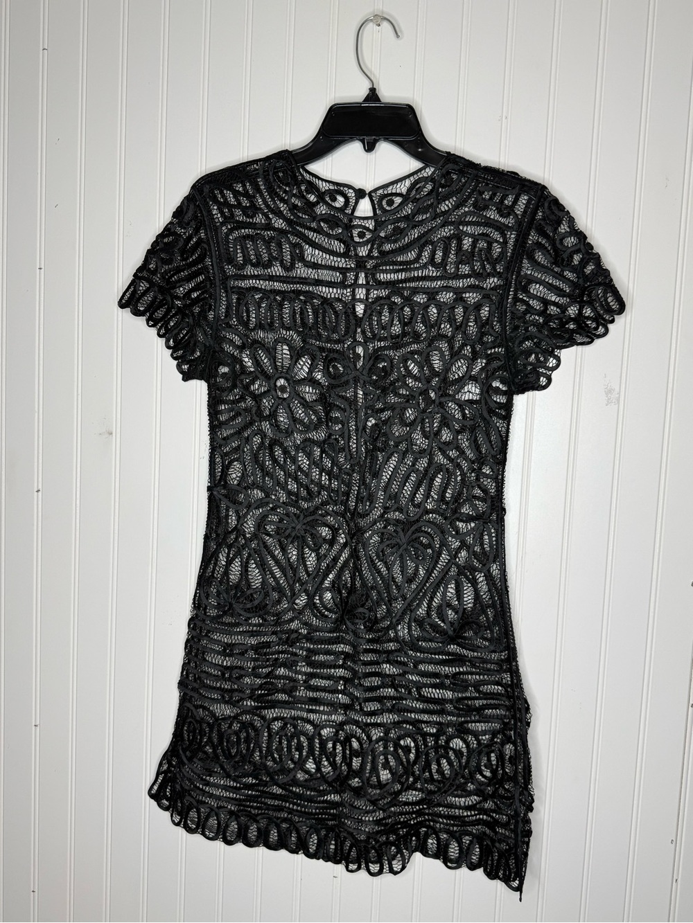 Black Corded Floral Lace Embroidered Sheer Mini Dress and Swirls Hem